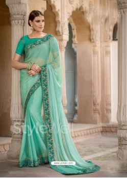 Aqua Mint Embroidered And Stone Worked Designer Chiffon Saree