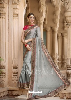 Grey Embroidered And Stone Worked Designer Chiffon Saree