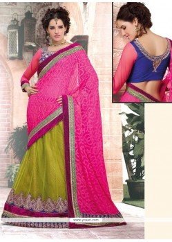 Gorgeous Green And Pink Net And Brasso Viscose Lehenga Saree