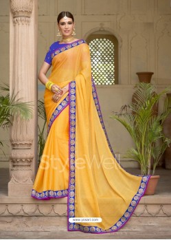 Yellow Embroidered And Stone Worked Designer Chiffon Saree