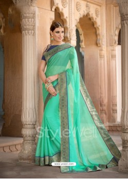 Jade Green Embroidered And Stone Worked Designer Chiffon Saree