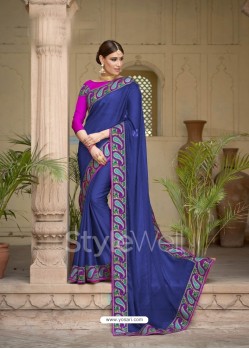 Navy Blue Embroidered And Stone Worked Designer Chiffon Saree