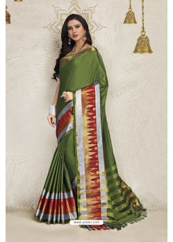 Mehendi Cotton Blended Designer Cotton Silk Saree