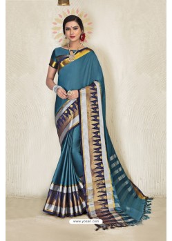 Teal Blue Cotton Blended Designer Cotton Silk Saree