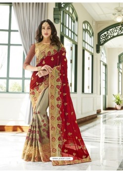 Red And Grey Georgette Embroidered Designer Half N Half Saree