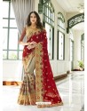 Red And Grey Georgette Embroidered Designer Half N Half Saree