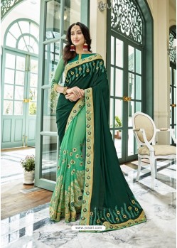 Dark Green And Sea Green Georgette Embroidered Designer Half N Half Saree