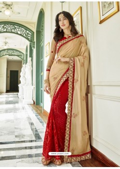 Beige And Red Georgette Embroidered Designer Half N Half Saree