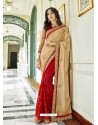 Beige And Red Georgette Embroidered Designer Half N Half Saree