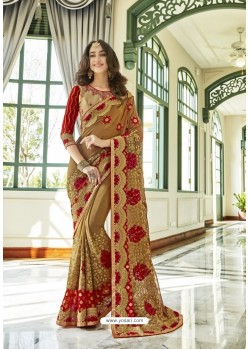 Brown Georgette Embroidered Designer Half N Half Saree