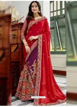 Red And Purple Georgette Embroidered Designer Half N Half Saree