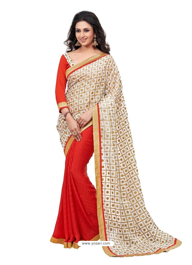 Kora Silk Red with Gold Printed Sari