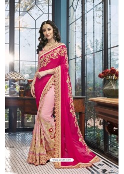 Fuchsia And Light Pink Georgette Heavy Embroidered Designer Party Wear Saree