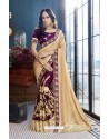 Beige And Purple Georgette Heavy Embroidered Designer Party Wear Saree