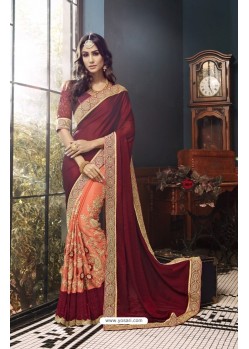 Maroon And Light Orange Georgette Heavy Embroidered Designer Party Wear Saree