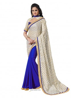 Kora Silk Blue Sari with Gold Printed
