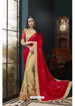 Red And Beige Georgette Heavy Embroidered Designer Party Wear Saree