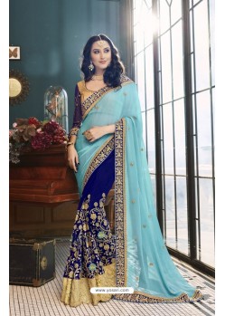 Sky Blue And Royal Blue Georgette Heavy Embroidered Designer Party Wear Saree