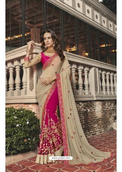 Beige And Pink Georgette Heavy Embroidered Designer Party Wear Saree