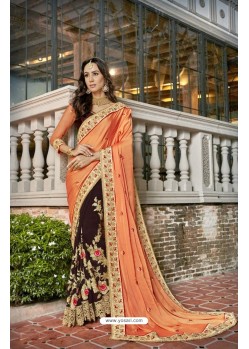 Orange And Brown Georgette Heavy Embroidered Designer Party Wear Saree