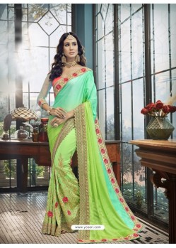Parrot Green And Sea Green Georgette Heavy Embroidered Designer Party Wear Saree
