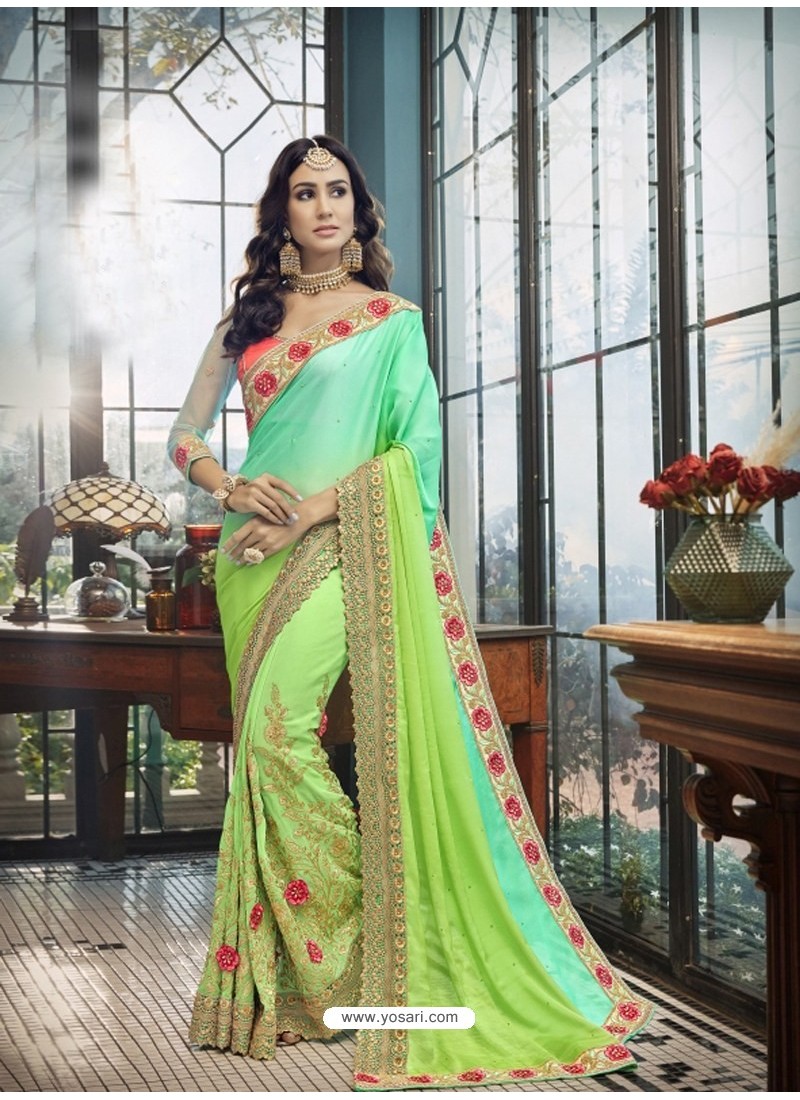 Indian Sarees for Women Designer Party Wear Traditional Perrot Green Sari. 