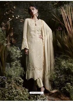 Beige Fox Georgette Embroidered Designer Straight Suit