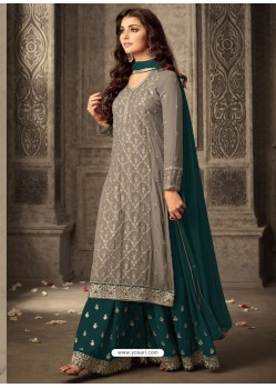 Exclusive Grey And Dark Green Georgette Embroidered Designer Palazzo Suit
