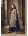 Latest Grey And Navy Blue Georgette Embroidered Designer Palazzo Suit