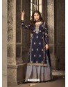 Beautiful Navy Blue And Pigeon Georgette Embroidered Designer Palazzo Suit