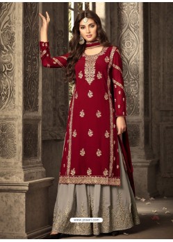 Ravishing Red And Grey Georgette Embroidered Designer Palazzo Suit