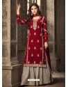 Ravishing Red And Grey Georgette Embroidered Designer Palazzo Suit