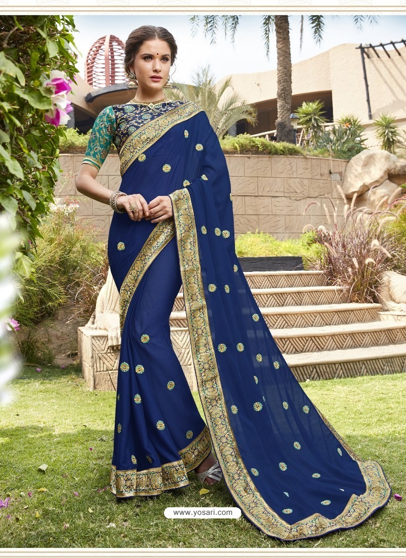 Buy Navy Blue Embroidered Georgette with Banarasi Border Designer Saree ...