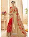 Beige And Red Faux Georgette Embroidered Designer Wedding Saree