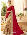 Red And Beige Faux Georgette Embroidered Designer Wedding Saree