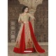 Fantastic Beige And Red Embroidered Premium Nett Designer Anarkali Suit