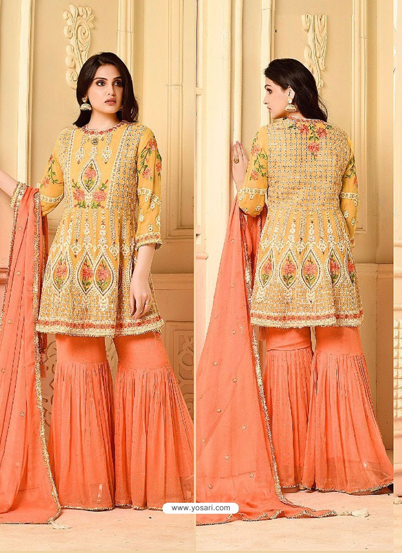 Buy Yellow And Orange Embroidered Rangoli Georgett Designer Sarara Suit ...