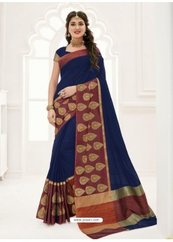 Navy Blue Raw Silk Designer Saree