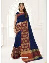 Navy Blue Raw Silk Designer Saree