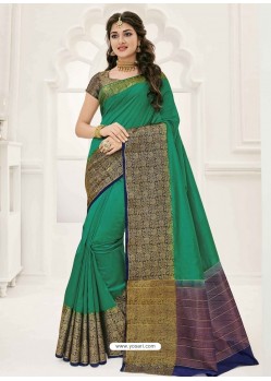 Dark Green Raw Silk Designer Saree