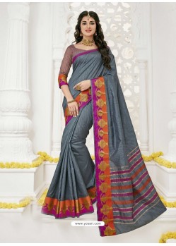 Dull Grey Raw Silk Designer Saree