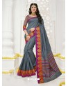 Dull Grey Raw Silk Designer Saree