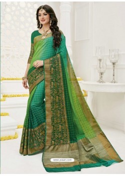 Green Raw Silk Designer Saree