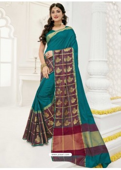 Teal Raw Silk Designer Saree