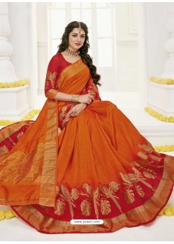 Orange Raw Silk Designer Saree