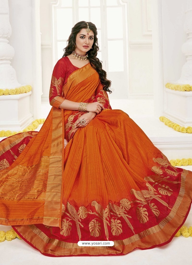 Buy Orange Raw Silk Designer Saree Designer Sarees