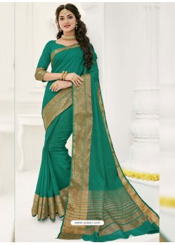 Dark Green Raw Silk Designer Saree