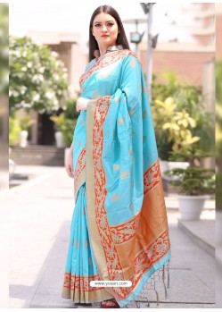 Sky Blue Chanderi Silk Designer Saree