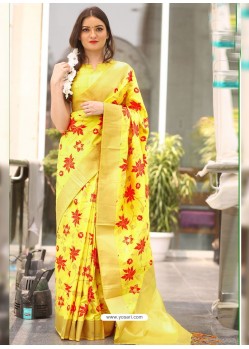 Yellow Kora Silk Designer Saree