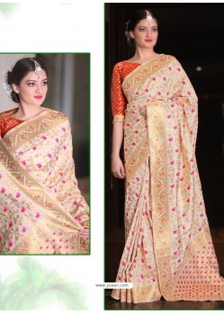 Cream Jamdani Silk Designer Saree